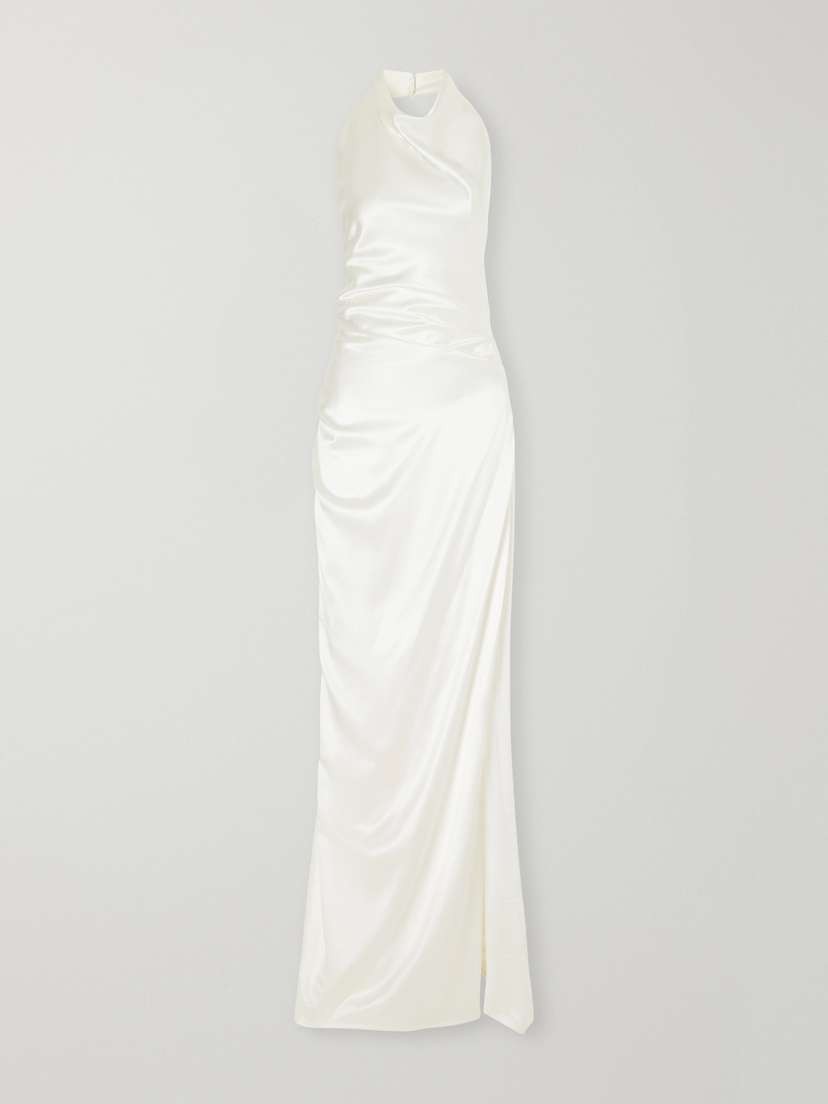 Elisa Gathered Silk-satin Halterneck Gown