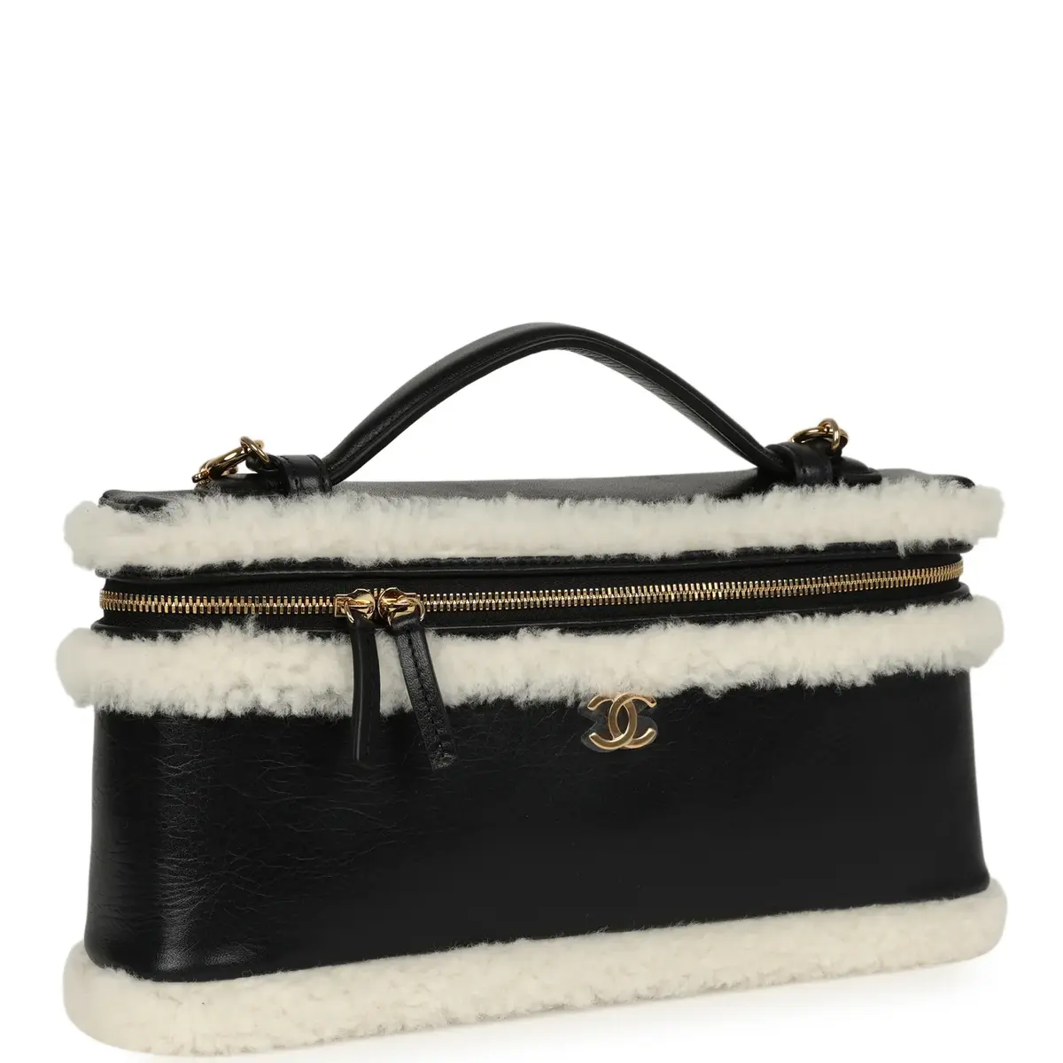 Chanel Chanel Top Handle Long Vanity Case with Chain Black Aged Calfskin, Ecru Shearling Gold Hardware | Thumbnail 2 Chanel Chanel Top Handle Long Vanity Case with Chain Black Aged Calfskin, Ecru Shearling Gold Hardware | Thumbnail 2