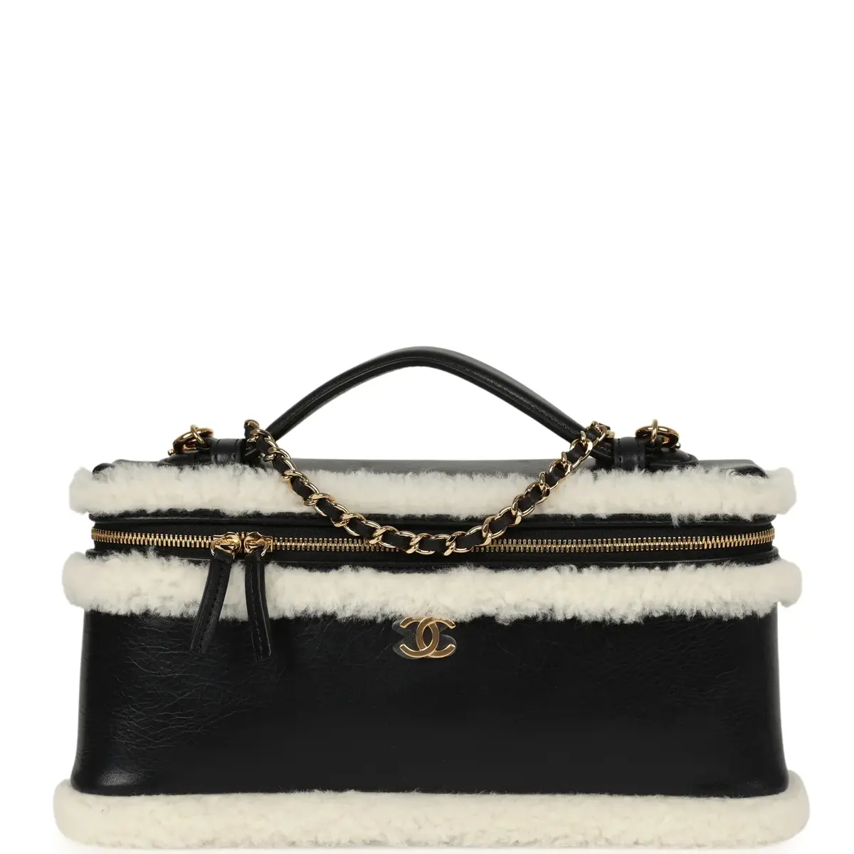 Chanel Top Handle Long Vanity Case with Chain Black Aged Calfskin, Ecru Shearling Gold Hardware Chanel Top Handle Long Vanity Case with Chain Black Aged Calfskin, Ecru Shearling Gold Hardware