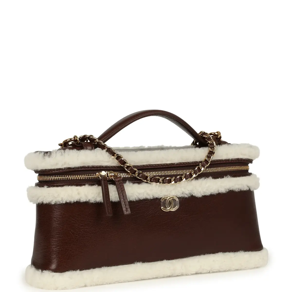 Chanel Chanel Top Handle Long Vanity Case with Chain Dark Brown Aged Calfskin, Ecru Shearling Gold Hardware | Thumbnail 2