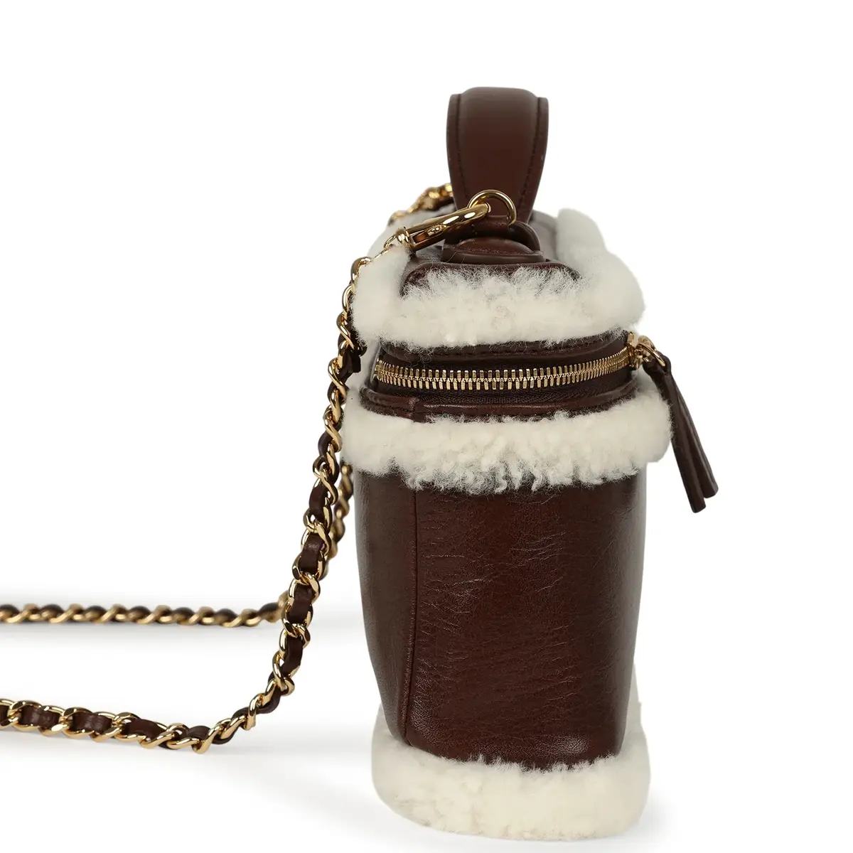 Chanel Chanel Top Handle Long Vanity Case with Chain Dark Brown Aged Calfskin, Ecru Shearling Gold Hardware | Thumbnail 3