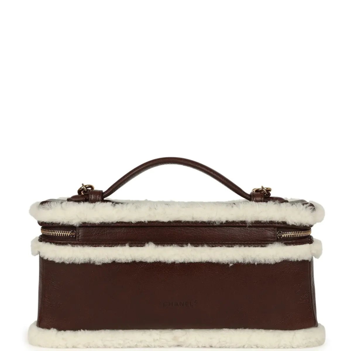 Chanel Chanel Top Handle Long Vanity Case with Chain Dark Brown Aged Calfskin, Ecru Shearling Gold Hardware | Thumbnail 4
