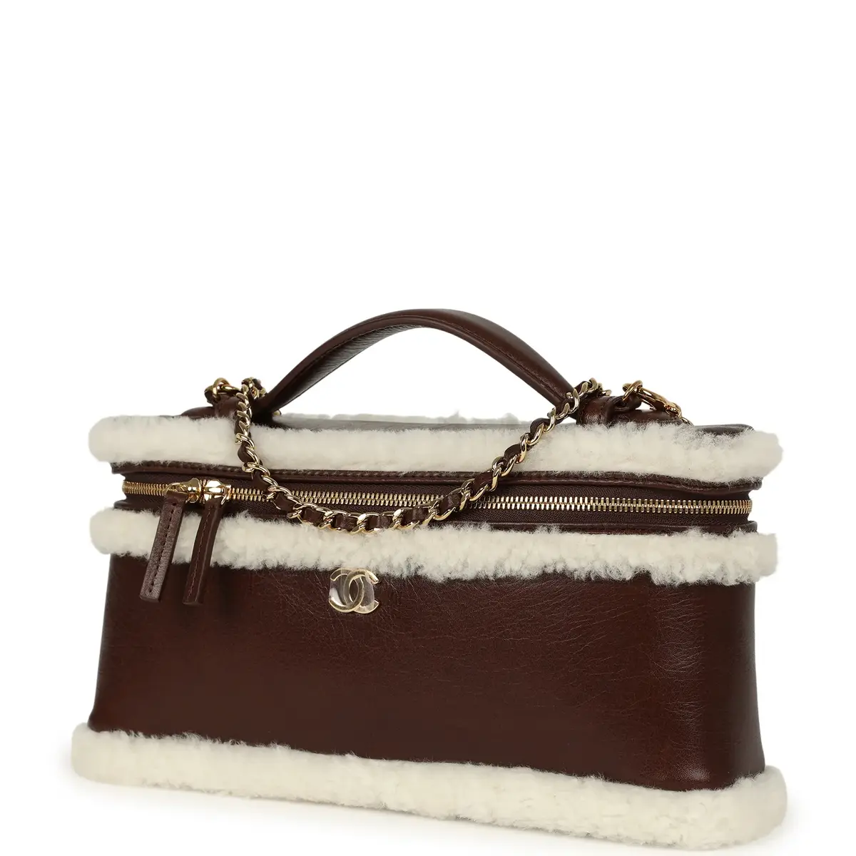 Chanel Chanel Top Handle Long Vanity Case with Chain Dark Brown Aged Calfskin, Ecru Shearling Gold Hardware | Thumbnail 5