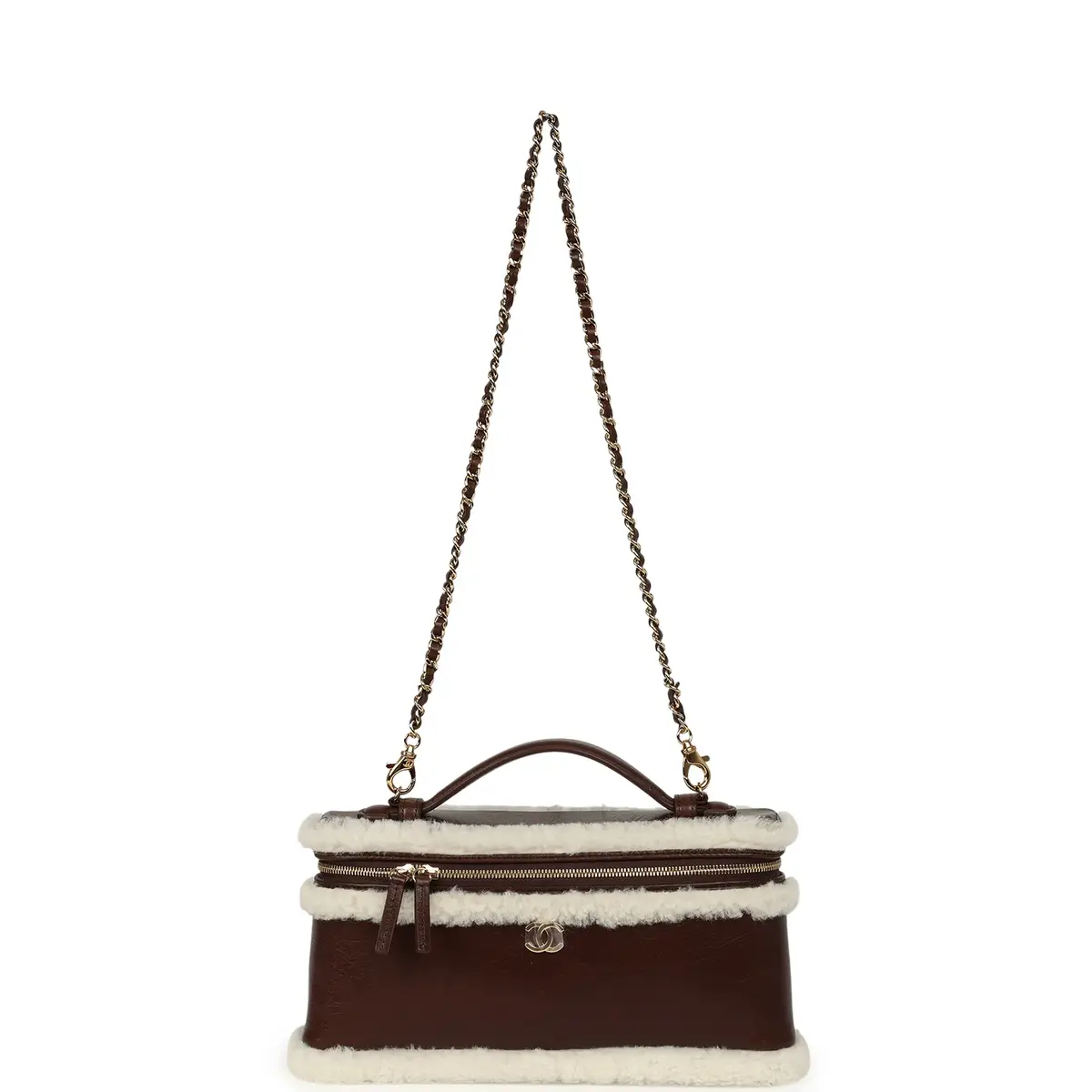 Chanel Chanel Top Handle Long Vanity Case with Chain Dark Brown Aged Calfskin, Ecru Shearling Gold Hardware | Thumbnail 8