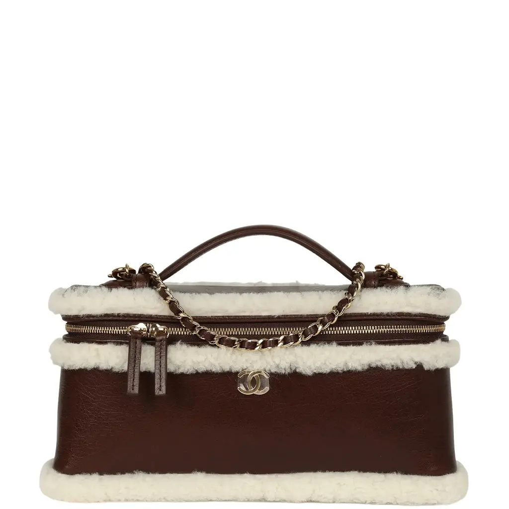 Chanel Top Handle Long Vanity Case with Chain Dark Brown Aged Calfskin, Ecru Shearling Gold Hardware Chanel Top Handle Long Vanity Case with Chain Dark Brown Aged Calfskin, Ecru Shearling Gold Hardware