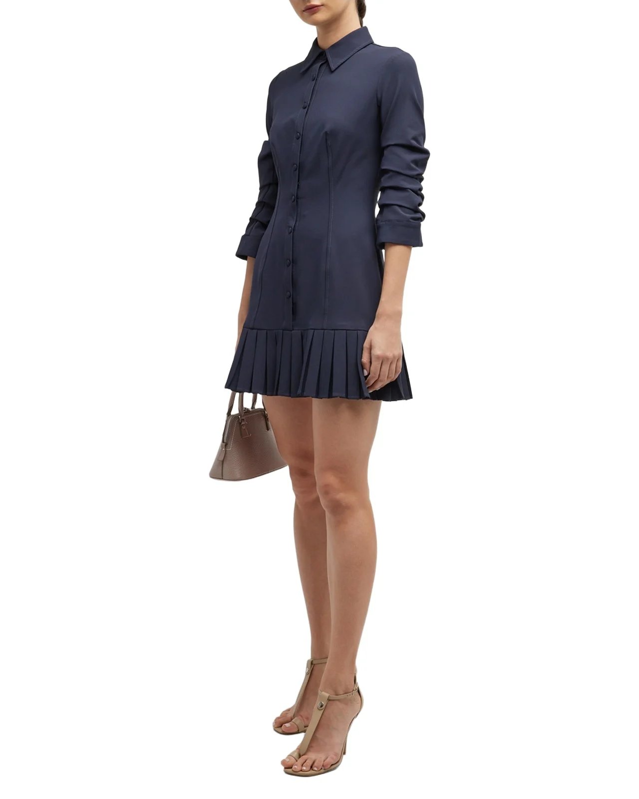 Lucilla Topstitched Pleated-Hem Mini Shirtdress