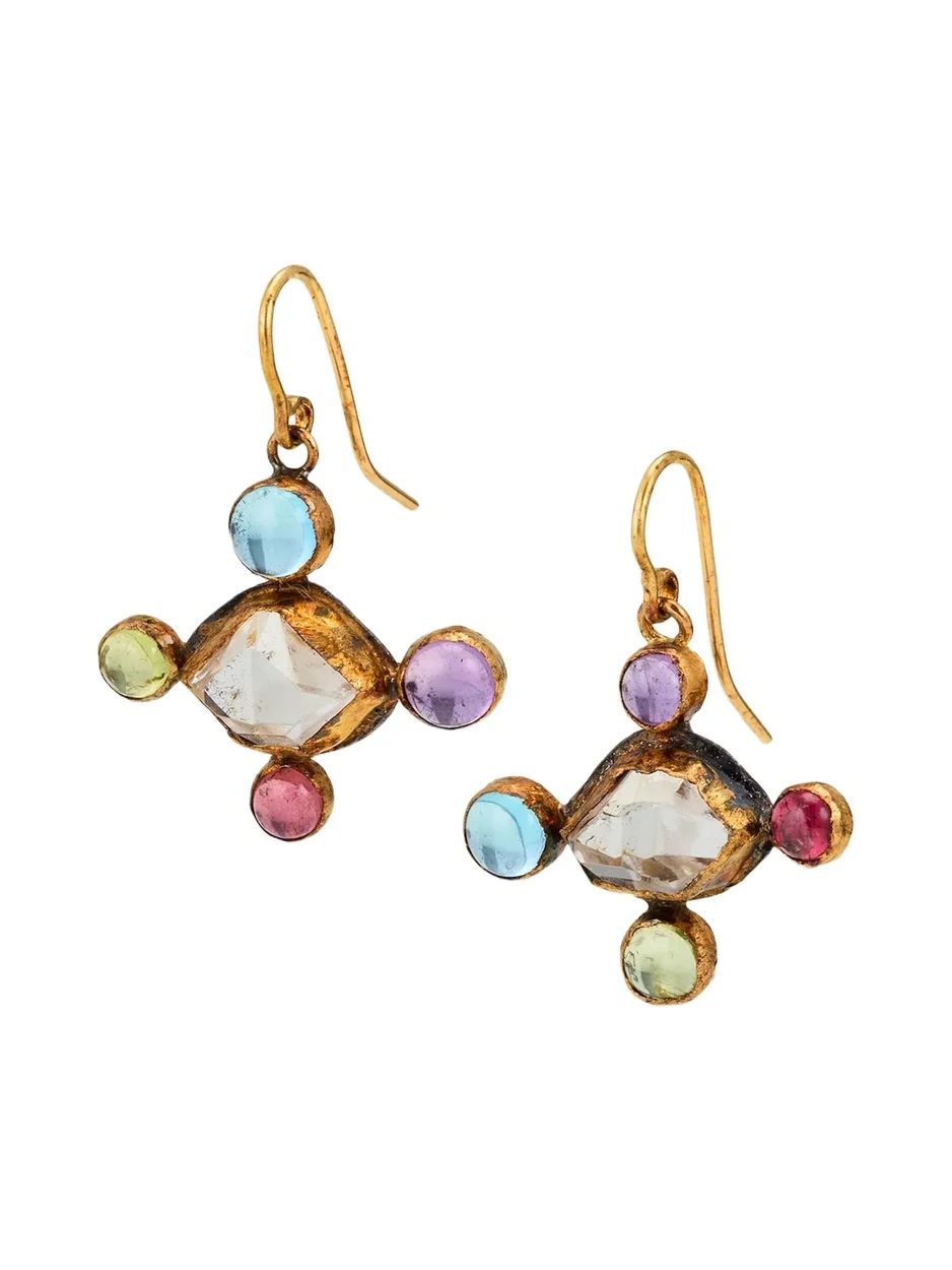 JUDY GEIB 18K Herkimer Diamond and Multi-Gemstone Cross-Shaped Earrings