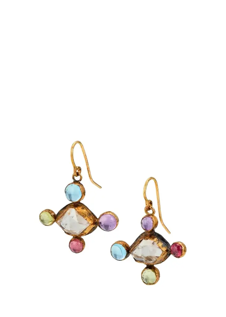 18K Herkimer Diamond and Multi-Gemstone Cross-Shaped Earrings 18K Herkimer Diamond and Multi-Gemstone Cross-Shaped Earrings