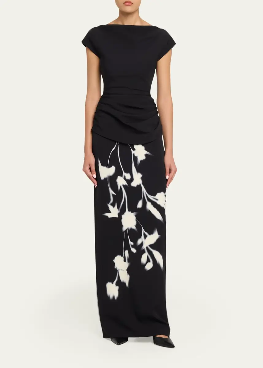 Lela Rose Floral Crepe Boat-Neck Draped Column Gown | Thumbnail 2 Lela Rose Floral Crepe Boat-Neck Draped Column Gown | Thumbnail 2