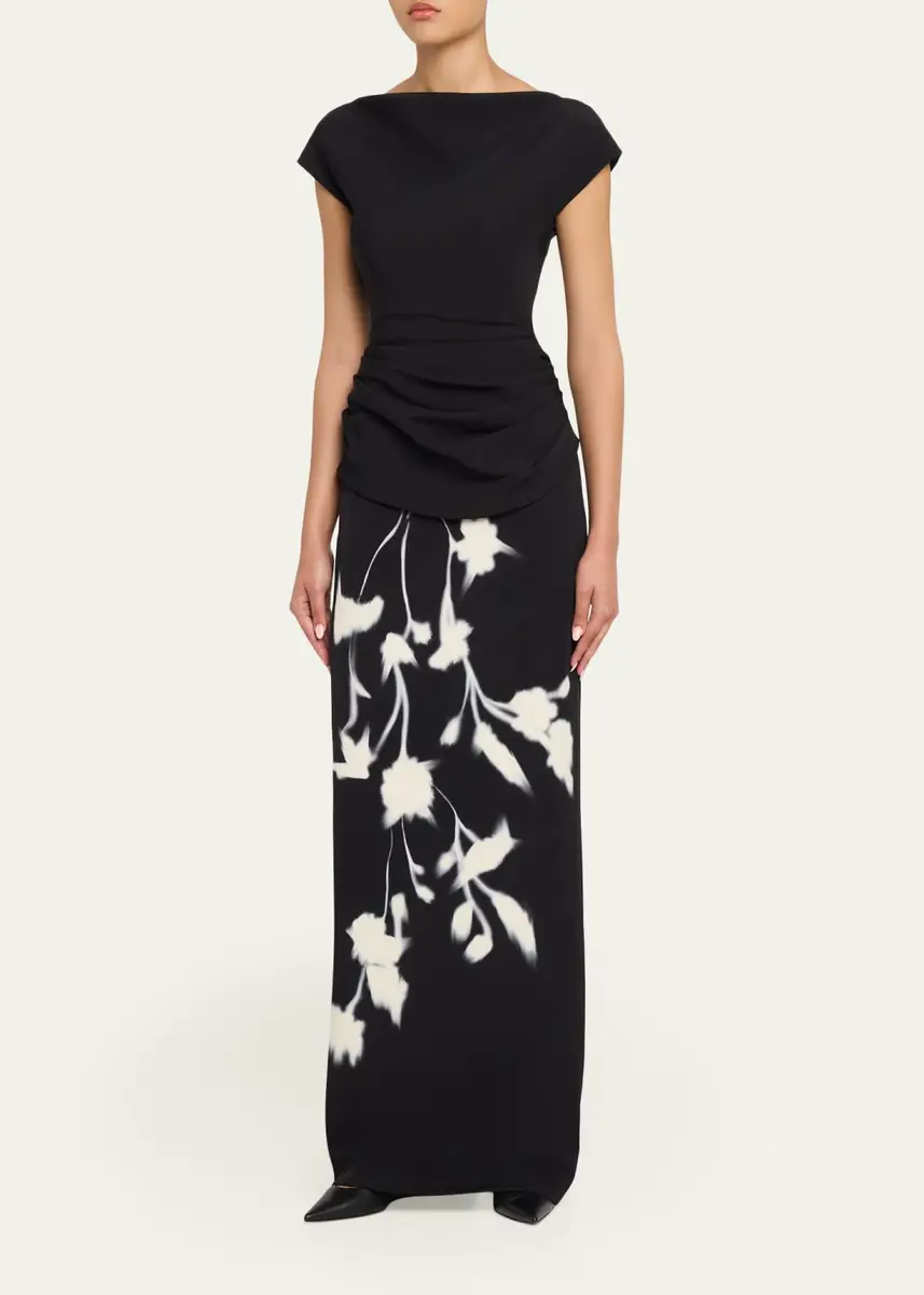 Lela Rose Floral Crepe Boat-Neck Draped Column Gown | Thumbnail 4 Lela Rose Floral Crepe Boat-Neck Draped Column Gown | Thumbnail 4