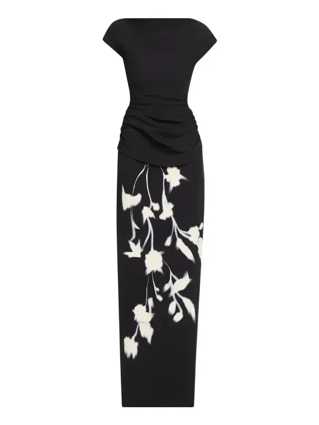 Floral Crepe Boat-Neck Draped Column Gown Floral Crepe Boat-Neck Draped Column Gown