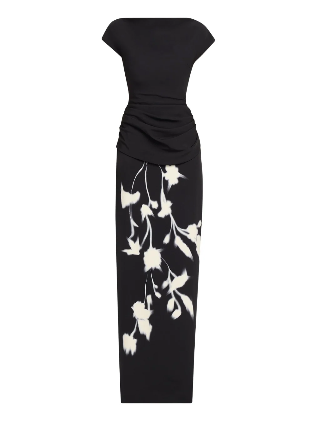 Floral Crepe Boat-Neck Draped Column Gown Floral Crepe Boat-Neck Draped Column Gown