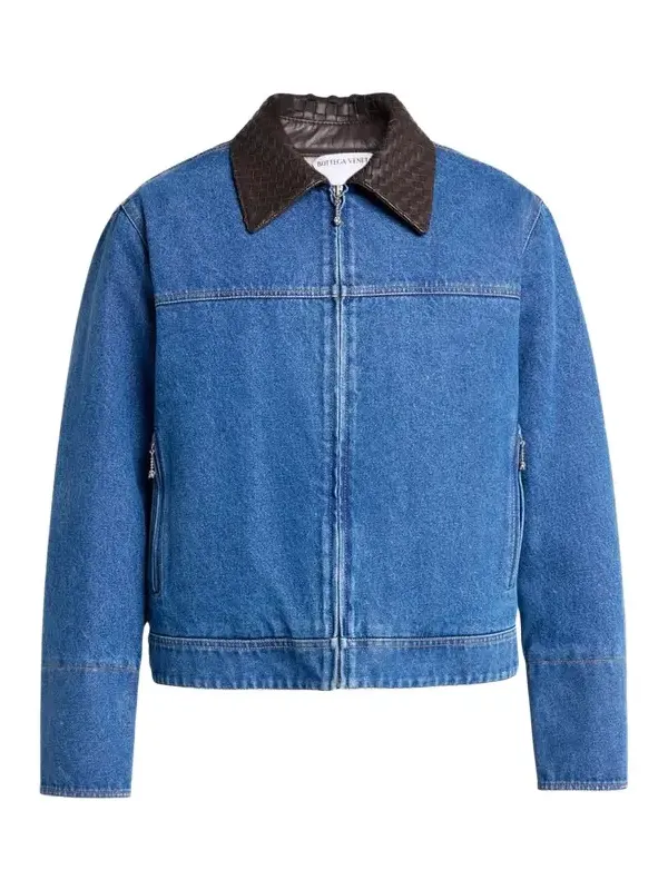 Bottega Veneta Men's Leather Intrecciato-Collar Denim Jacket