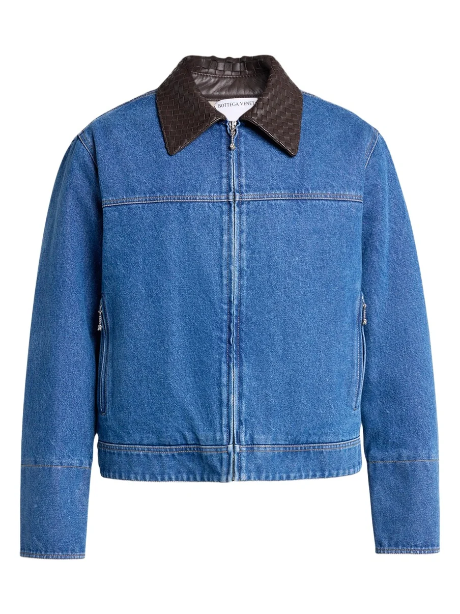 Bottega Veneta Men's Leather Intrecciato-Collar Denim Jacket