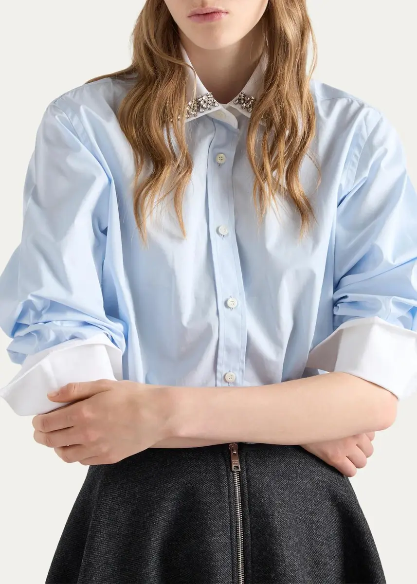 Prada Cotton Embellished Contrast-Collar Shirt | Thumbnail 4 Prada Cotton Embellished Contrast-Collar Shirt | Thumbnail 4