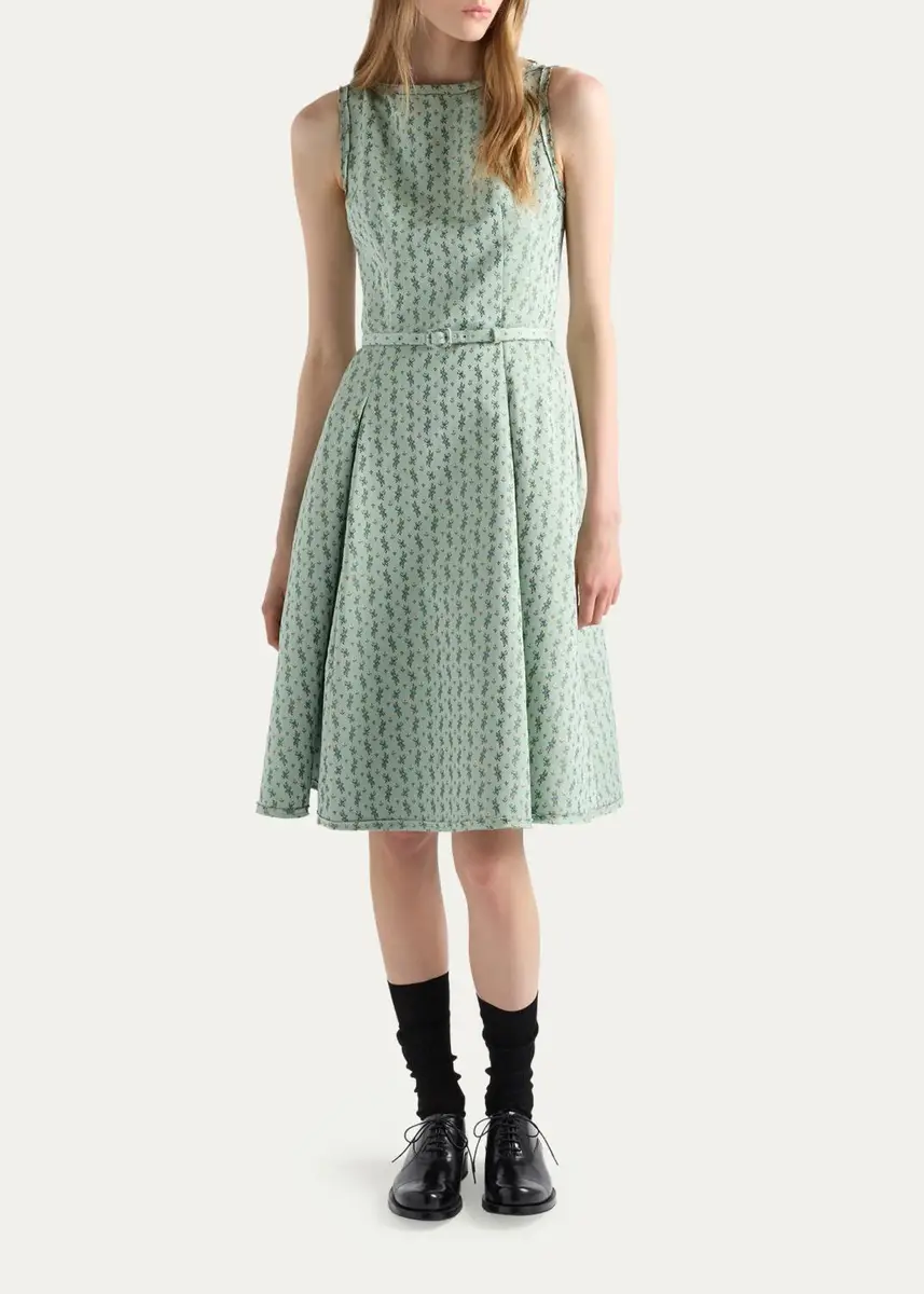 Prada Micro-Floral Cotton-Blend Belted Midi Dress | Thumbnail 2