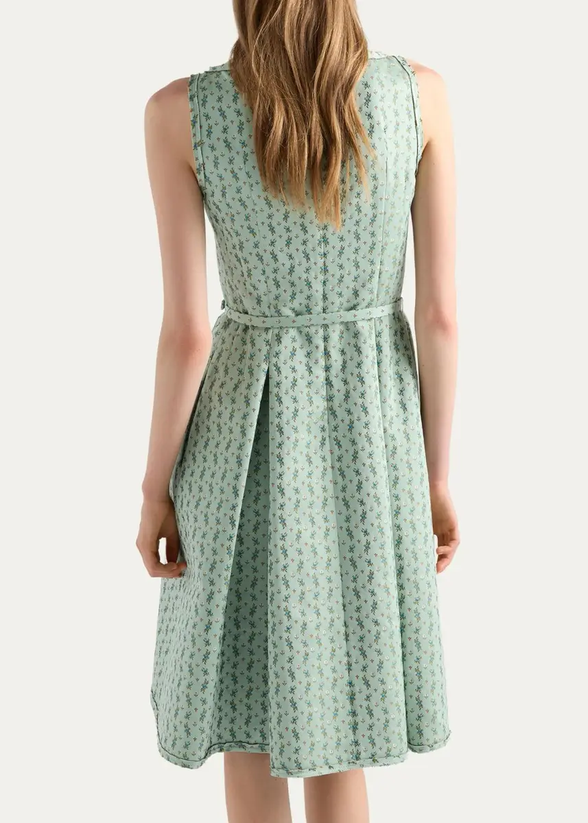 Prada Micro-Floral Cotton-Blend Belted Midi Dress | Thumbnail 3