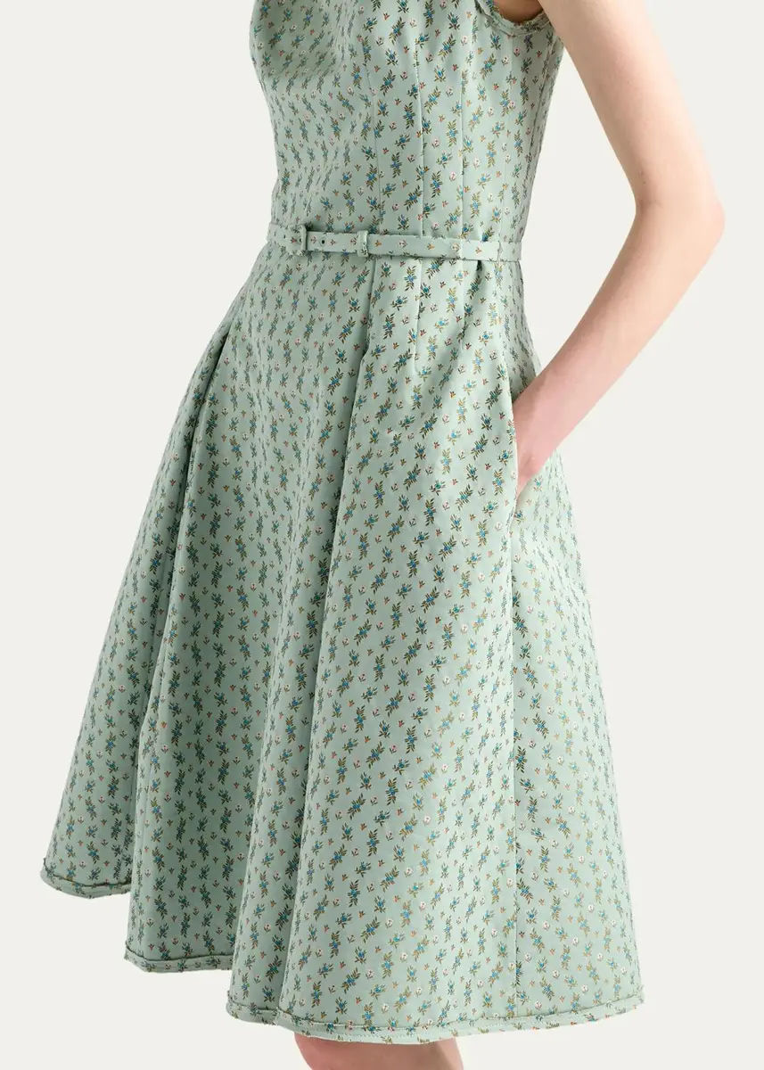 Prada Micro-Floral Cotton-Blend Belted Midi Dress | Thumbnail 4