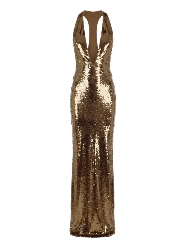 Olympia Plunging Sequin Column Gown