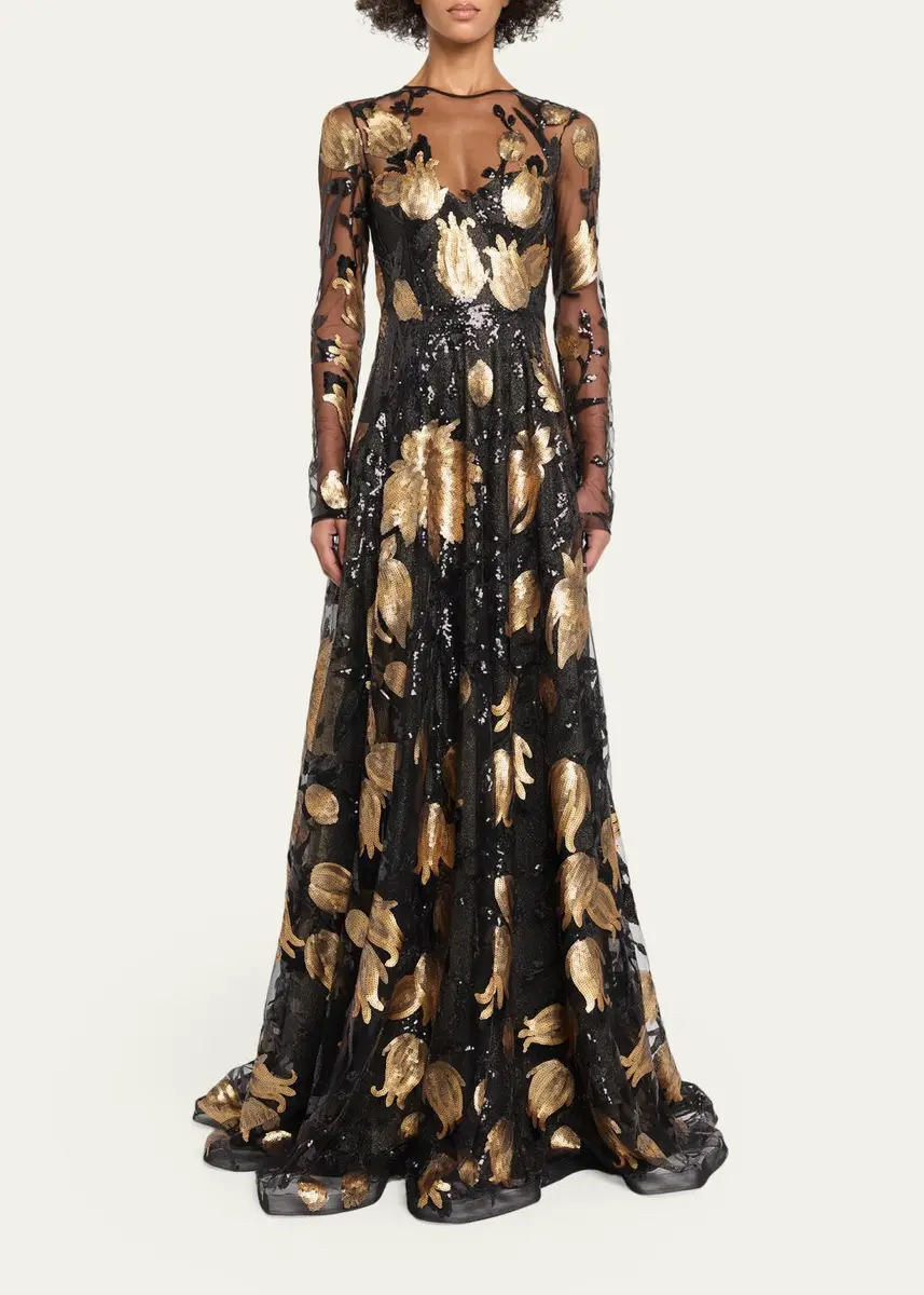 Naeem Khan Floral Sequined Long-Sleeve Illusion Gown | Thumbnail 2 Naeem Khan Floral Sequined Long-Sleeve Illusion Gown | Thumbnail 2