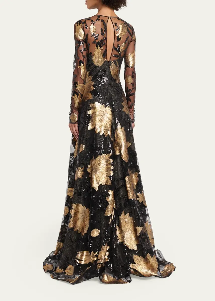 Naeem Khan Floral Sequined Long-Sleeve Illusion Gown | Thumbnail 3 Naeem Khan Floral Sequined Long-Sleeve Illusion Gown | Thumbnail 3