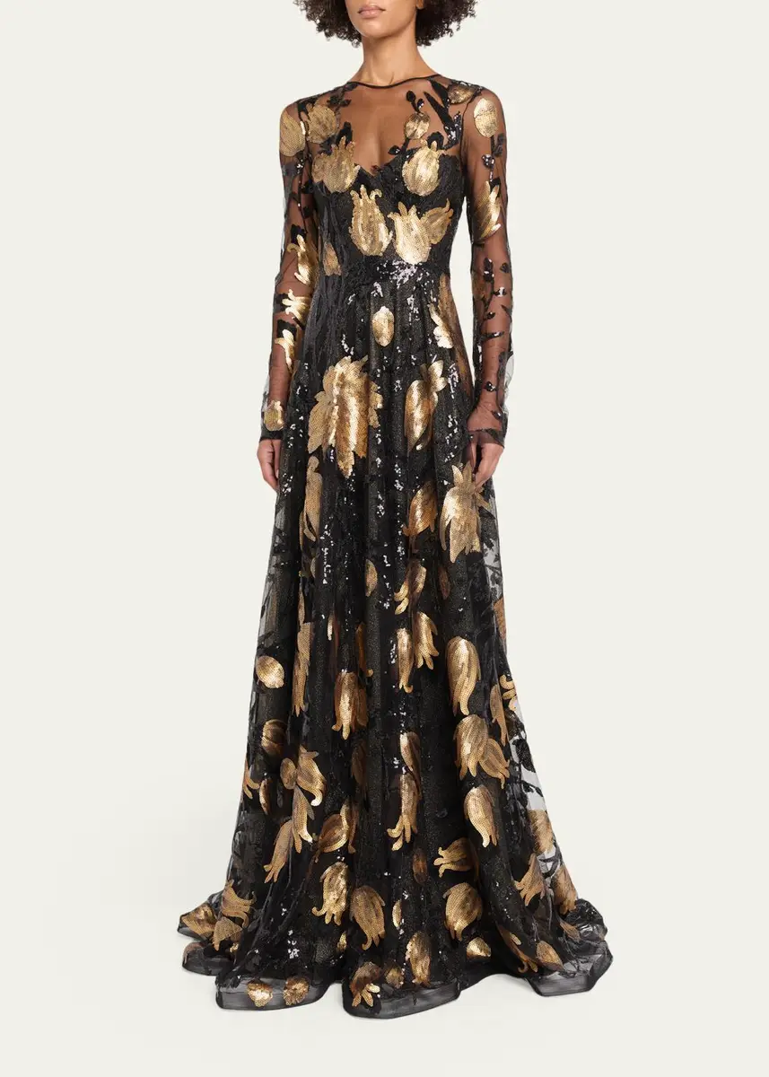 Naeem Khan Floral Sequined Long-Sleeve Illusion Gown | Thumbnail 4 Naeem Khan Floral Sequined Long-Sleeve Illusion Gown | Thumbnail 4