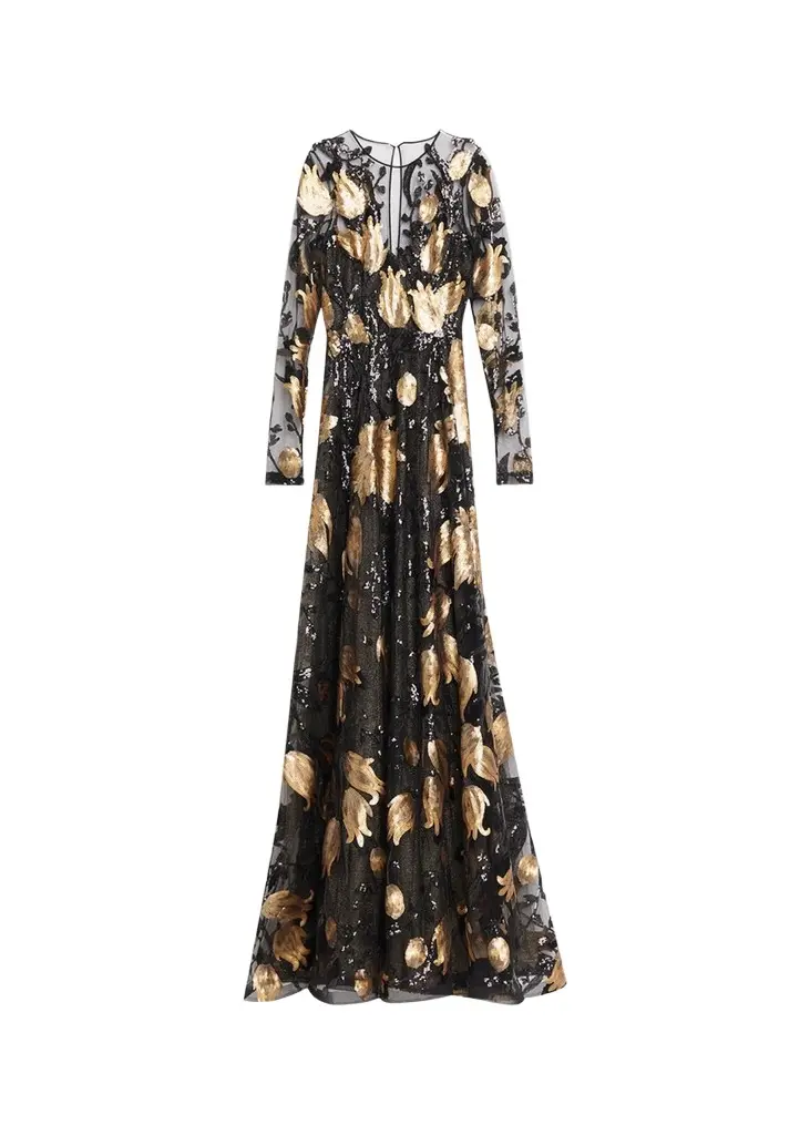 Naeem Khan Floral Sequined Long-Sleeve Illusion Gown