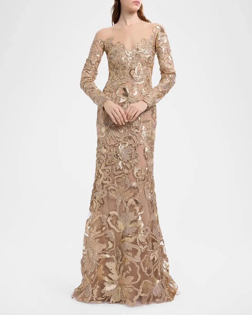 Elie Saab Long-Sleeve Metallic Raffia Embroidered Illusion Gown | Thumbnail 2