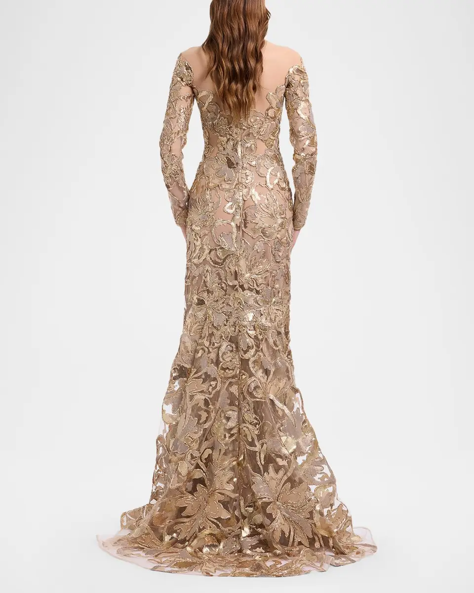 Elie Saab Long-Sleeve Metallic Raffia Embroidered Illusion Gown | Thumbnail 3