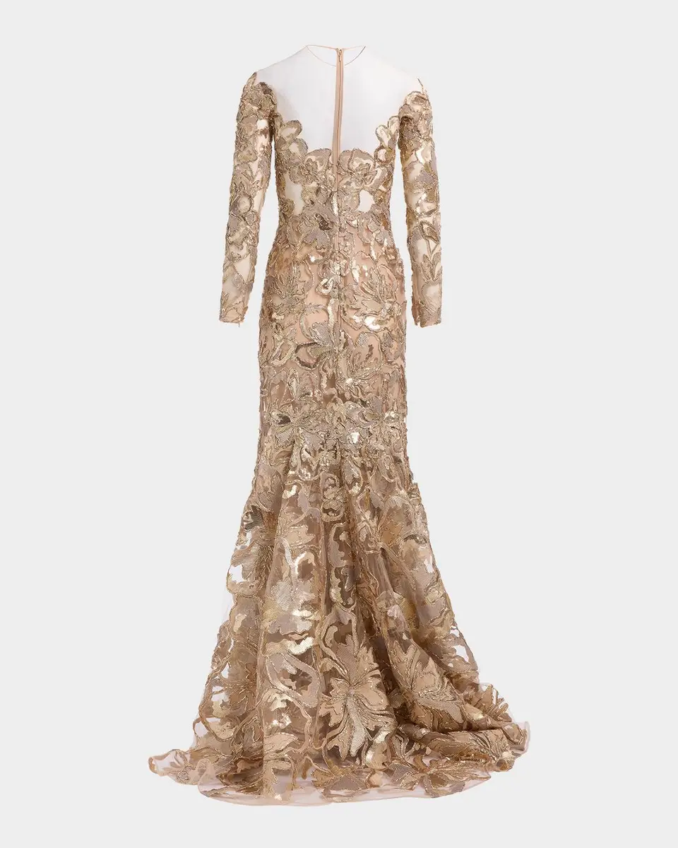 Elie Saab Long-Sleeve Metallic Raffia Embroidered Illusion Gown | Thumbnail 4
