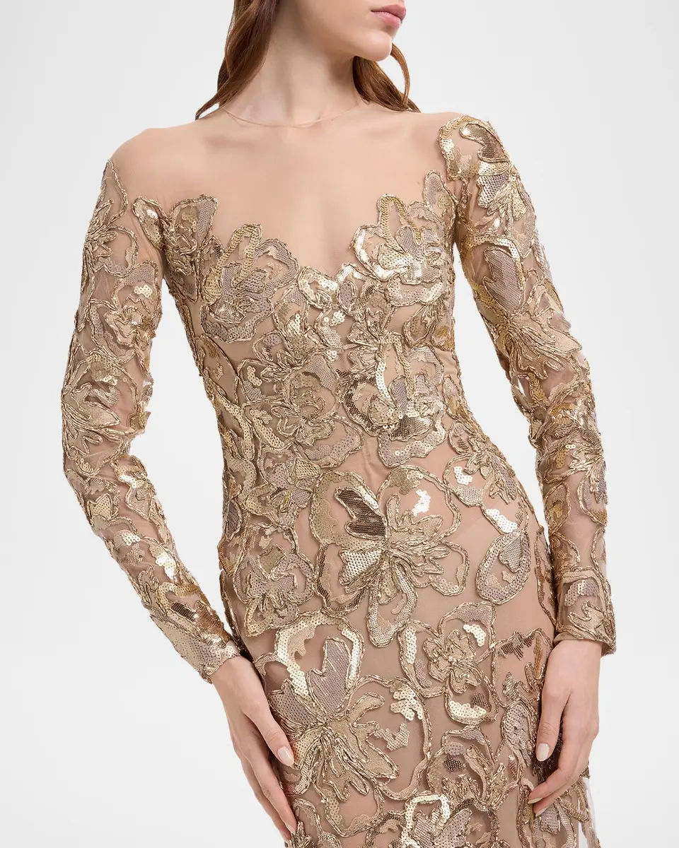 Elie Saab Long-Sleeve Metallic Raffia Embroidered Illusion Gown | Thumbnail 5