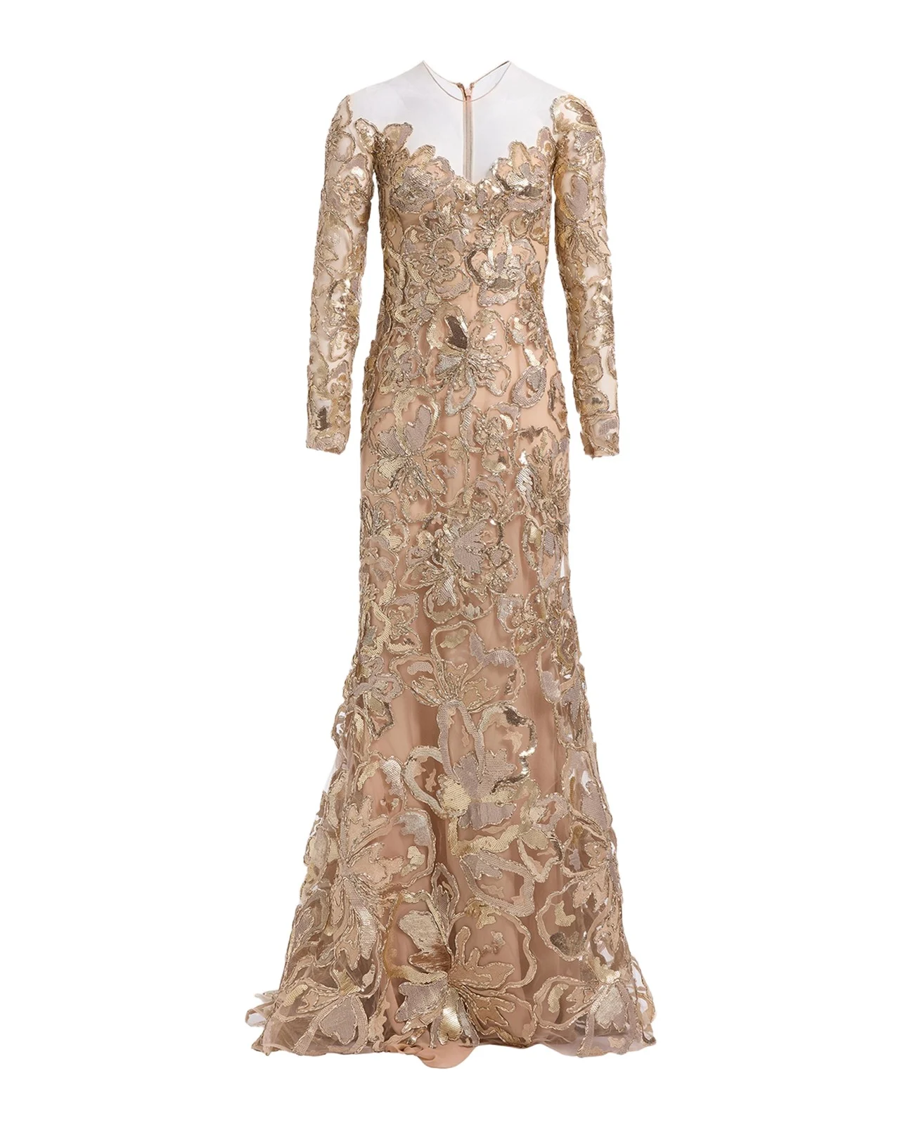 Long-Sleeve Metallic Raffia Embroidered Illusion Gown Long-Sleeve Metallic Raffia Embroidered Illusion Gown