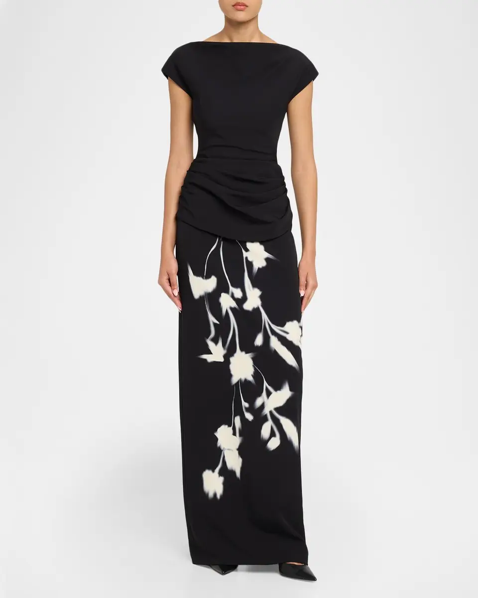 Lela Rose Floral Crepe Boat-Neck Draped Column Gown | Thumbnail 2 Lela Rose Floral Crepe Boat-Neck Draped Column Gown | Thumbnail 2