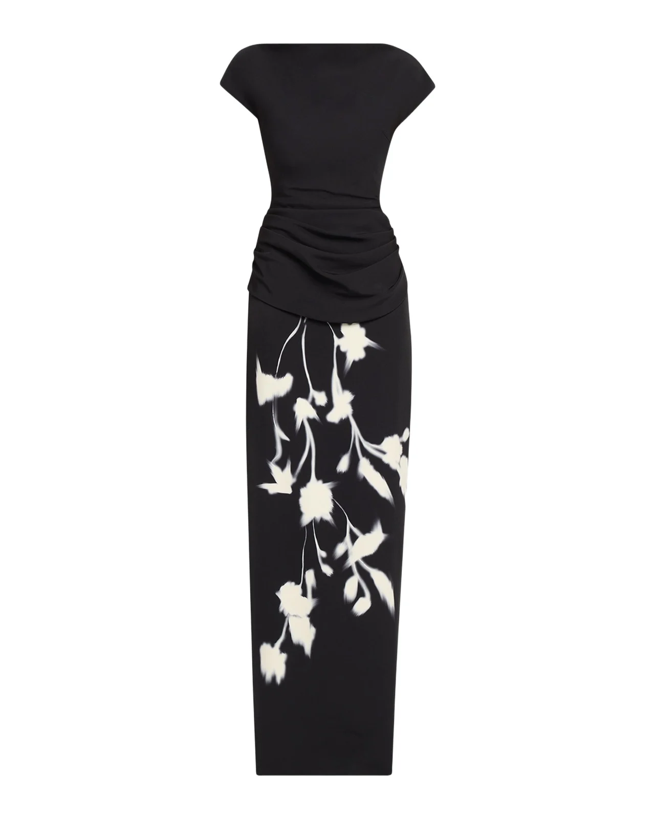 Floral Crepe Boat-Neck Draped Column Gown Floral Crepe Boat-Neck Draped Column Gown