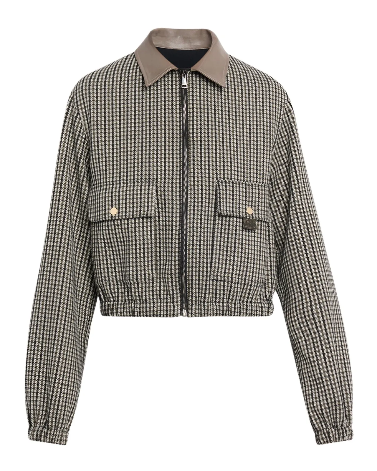 Fabiana Filippi Leather-Collar Houndstooth Jersey Jacket