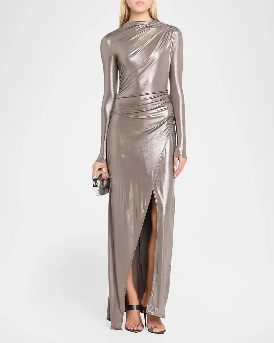 Lapointe Ruched Coated Jersey Long-Sleeve Maxi Dress | Thumbnail 2 Lapointe Ruched Coated Jersey Long-Sleeve Maxi Dress | Thumbnail 2