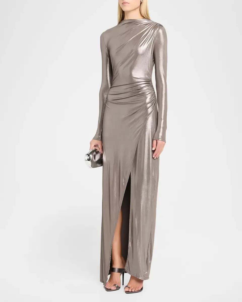 Lapointe Ruched Coated Jersey Long-Sleeve Maxi Dress | Thumbnail 4 Lapointe Ruched Coated Jersey Long-Sleeve Maxi Dress | Thumbnail 4