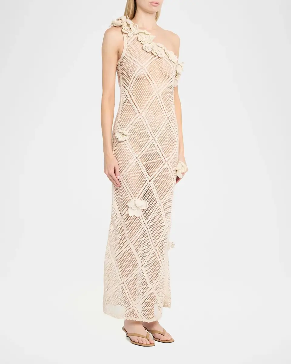 JW Anderson Floral Crochet One-Shoulder Net Knit Ankle Dress | Thumbnail 4