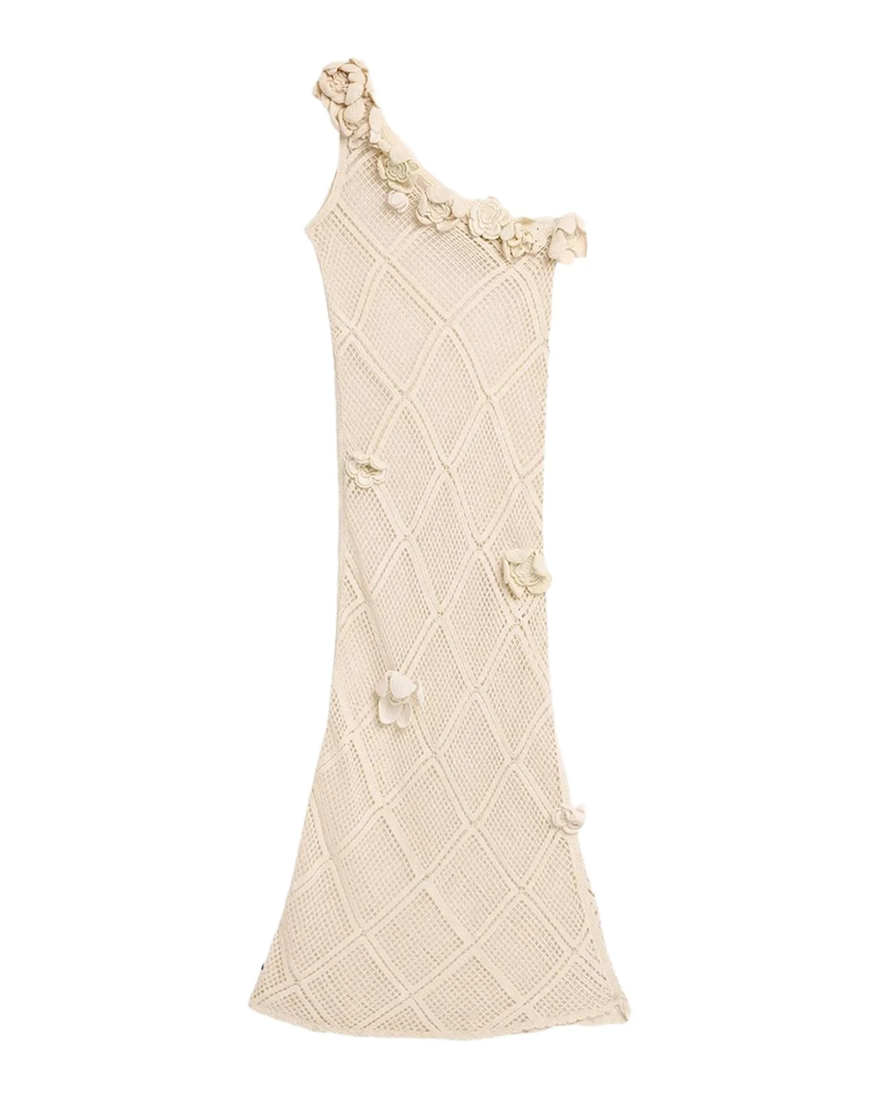 Floral Crochet One-Shoulder Net Knit Ankle Dress