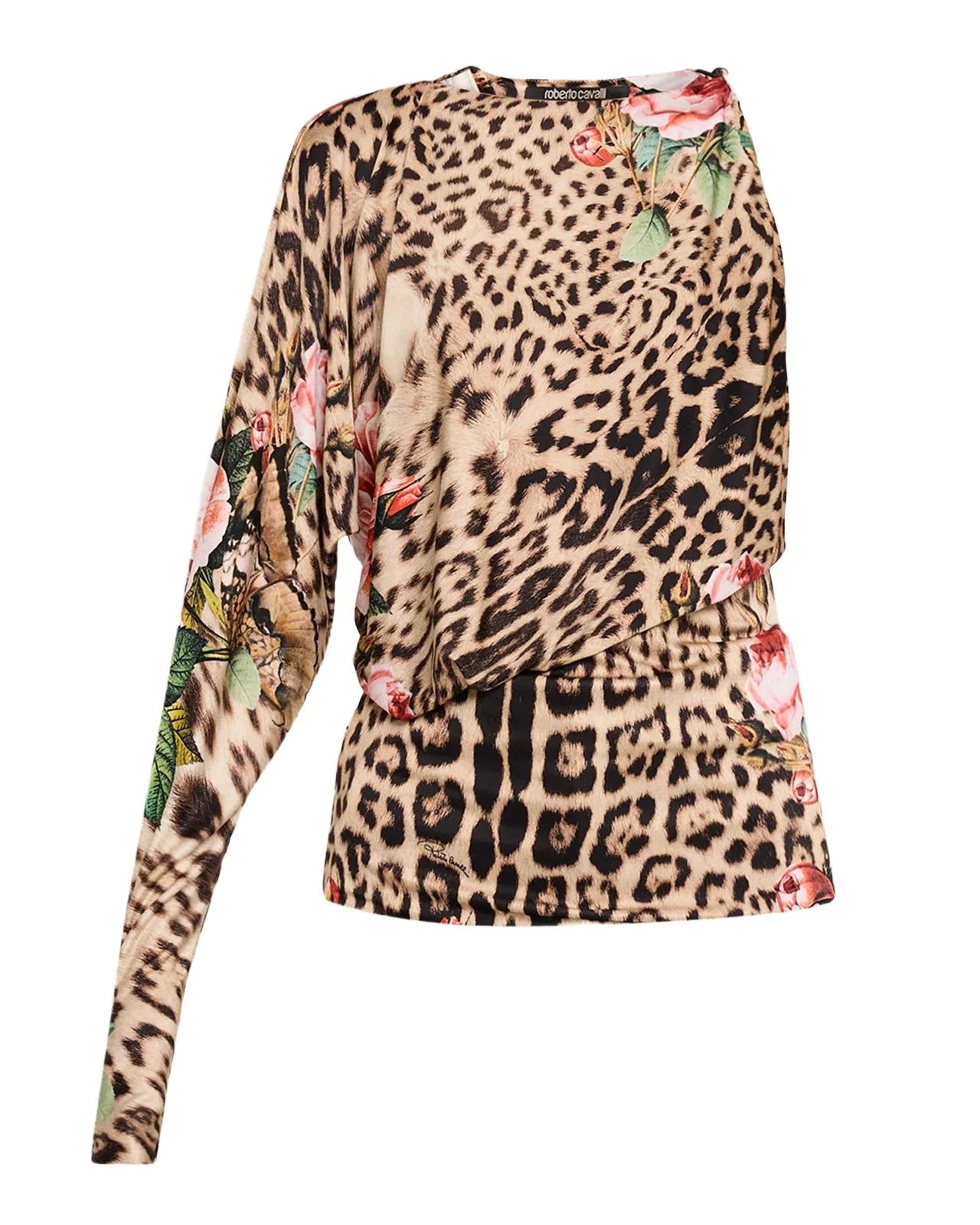 Roberto Cavalli Floral Leopard Print Jersey Asymmetric Top