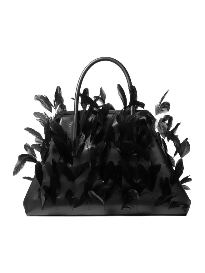 Sofia Large Hand-Embroidered Feather Leather Frame Satchel in Black - One Size by Michael Kors Collection