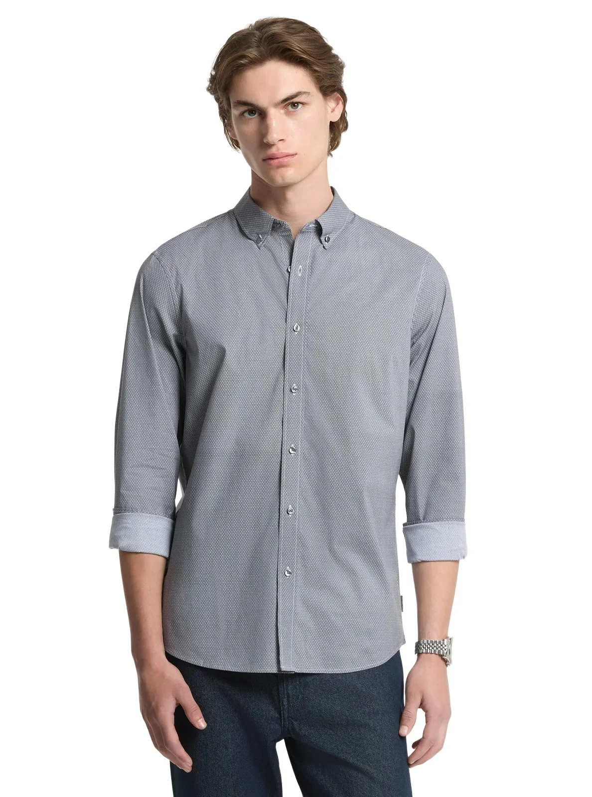 Diamond Print Stretch Cotton Shirt in Black Diamond Print Stretch Cotton Shirt in Black