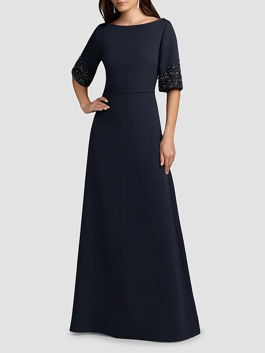 Mac Duggal Women's Crepe Beaded-Sleeves A-Line Gown | Thumbnail 2 Mac Duggal Women's Crepe Beaded-Sleeves A-Line Gown | Thumbnail 2
