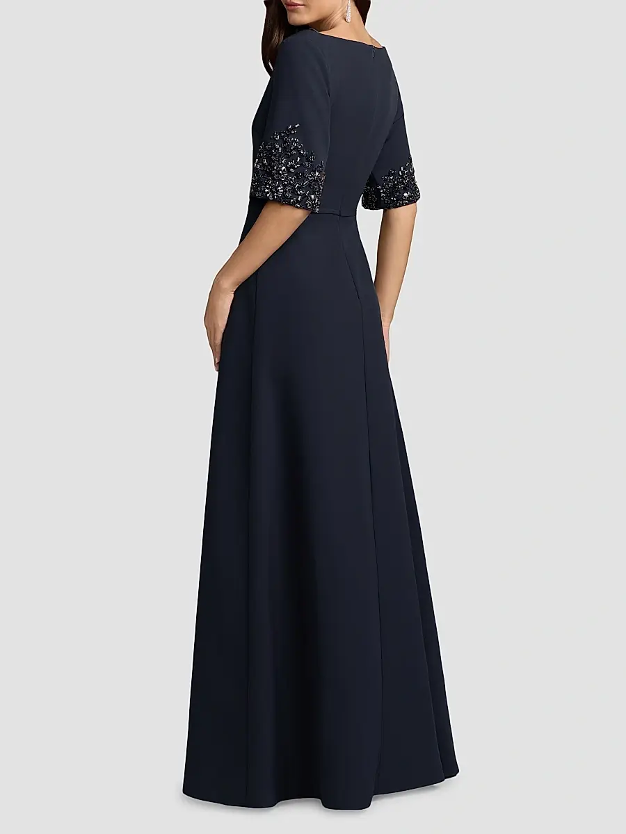 Mac Duggal Women's Crepe Beaded-Sleeves A-Line Gown | Thumbnail 3 Mac Duggal Women's Crepe Beaded-Sleeves A-Line Gown | Thumbnail 3