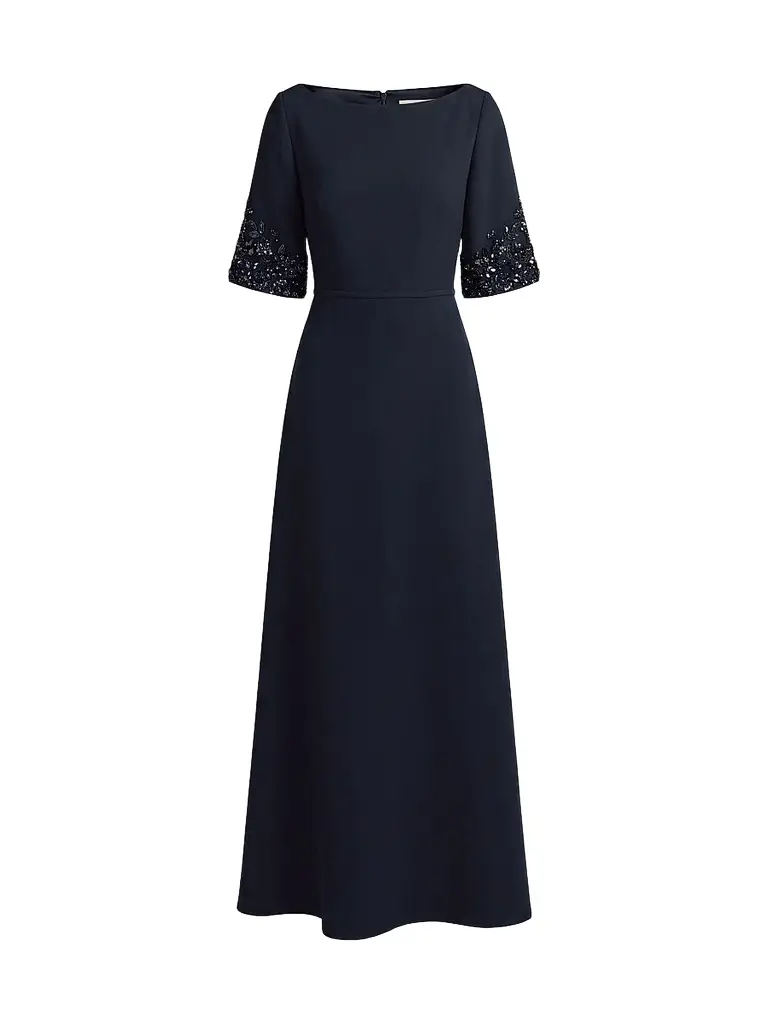 Mac Duggal Women's Crepe Beaded-Sleeves A-Line Gown
