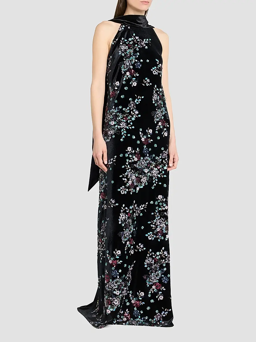 Talbot Runhof Women's Sequin Bloom Velvet Gown | Thumbnail 4 Talbot Runhof Women's Sequin Bloom Velvet Gown | Thumbnail 4