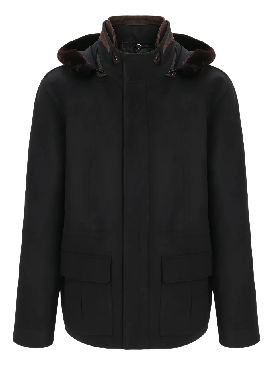Men's Zip Parka Jacket with Shearling Lamb Hood Trim Men's Zip Parka Jacket with Shearling Lamb Hood Trim