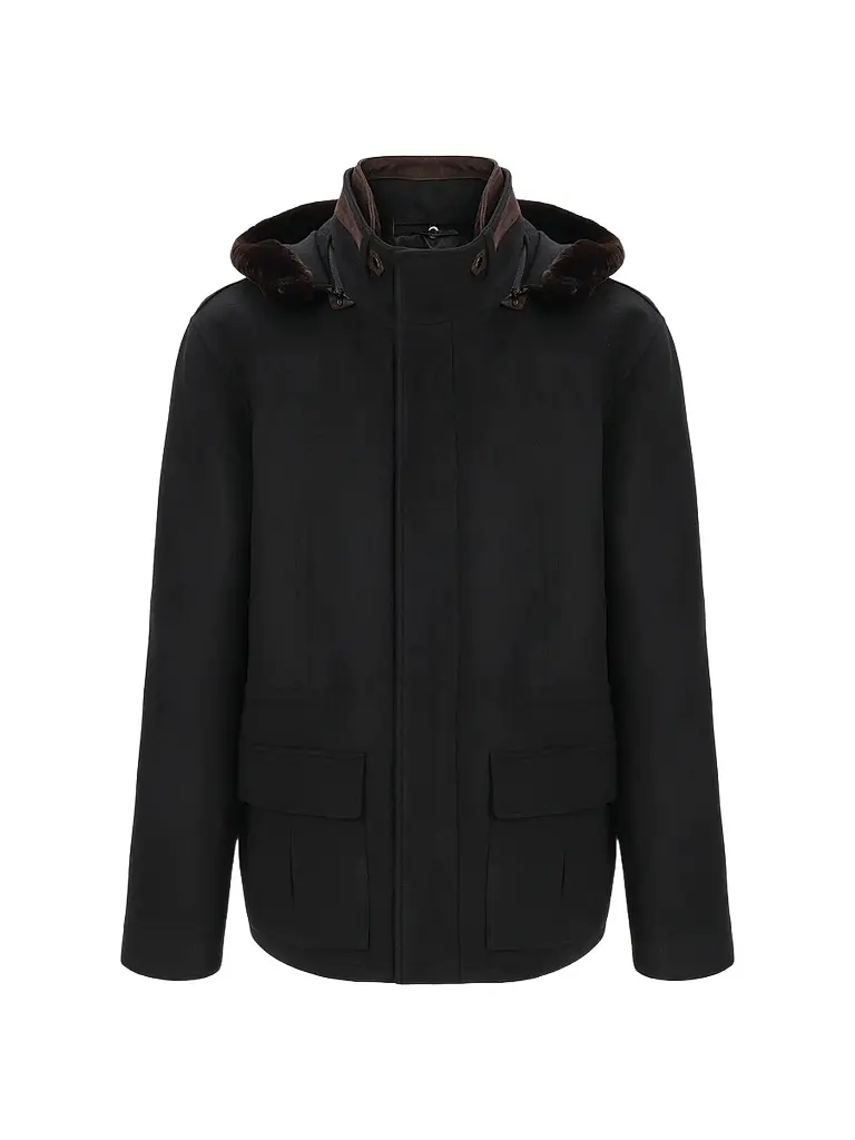 Gorski Men's Zip Parka Jacket with Shearling Lamb Hood Trim