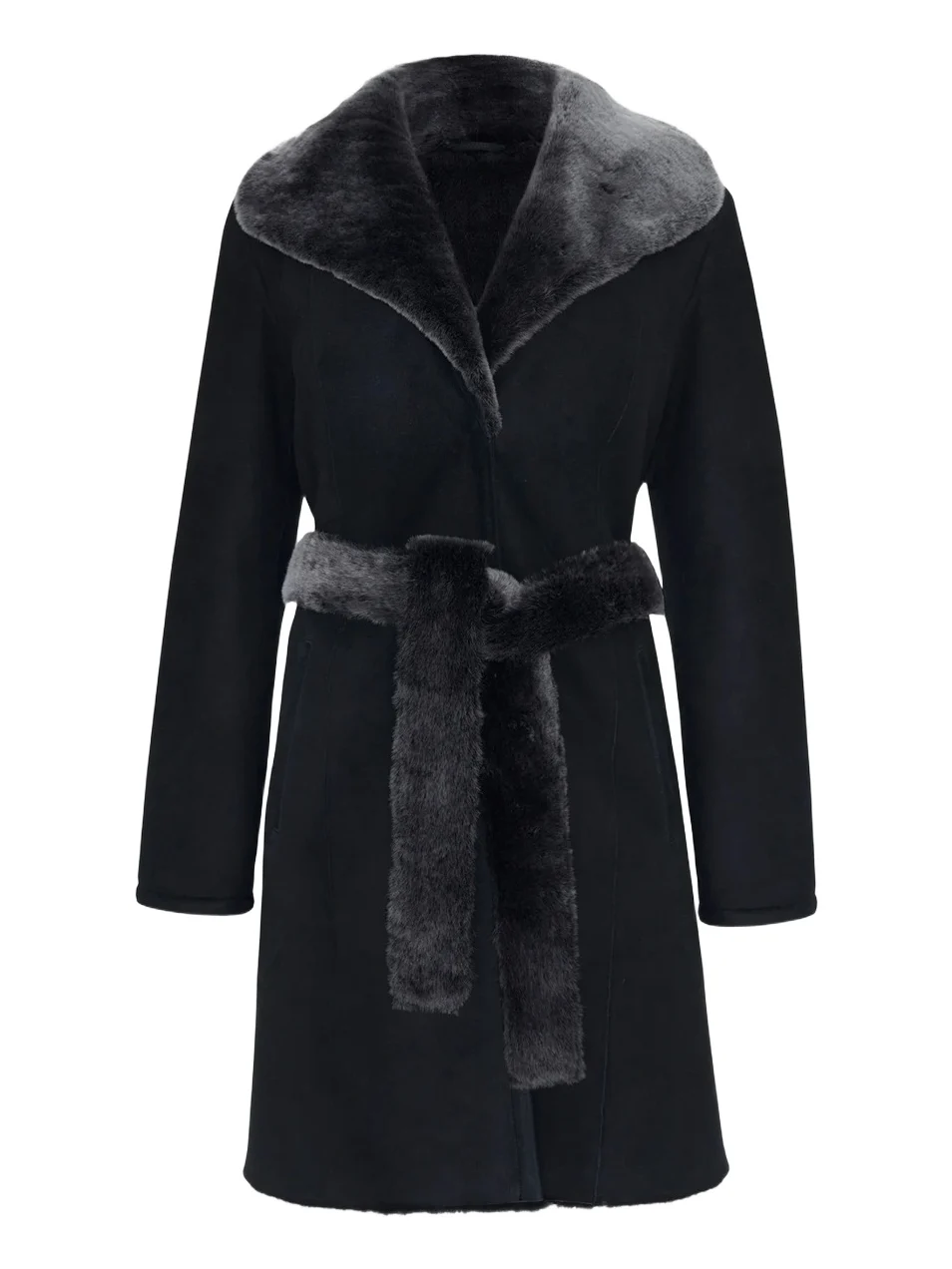 Women's Merino Lamb Short Coat with Belt - Black Brisa