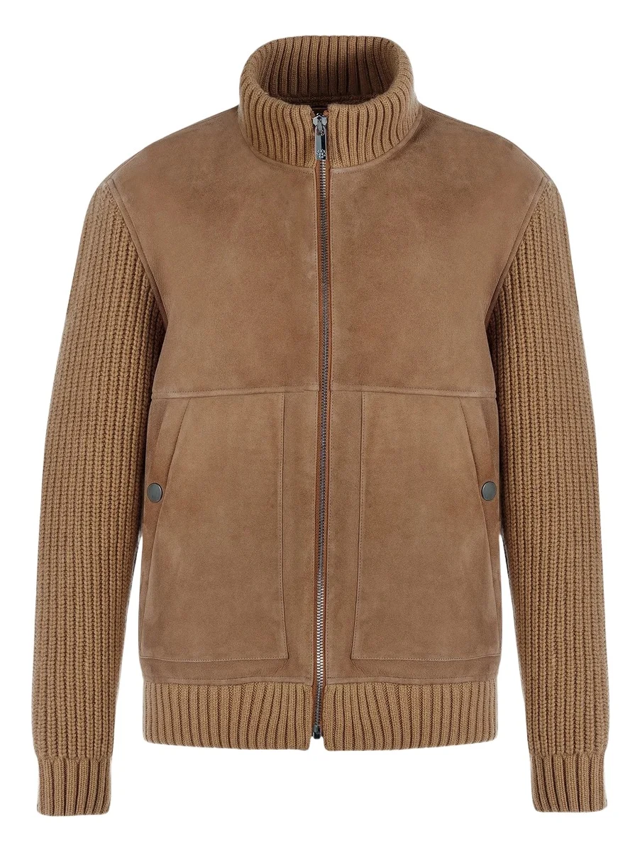 Gorski Men's Merino Shearling Lamb Jacket with Knit Sleeves and Hem - Chestnut